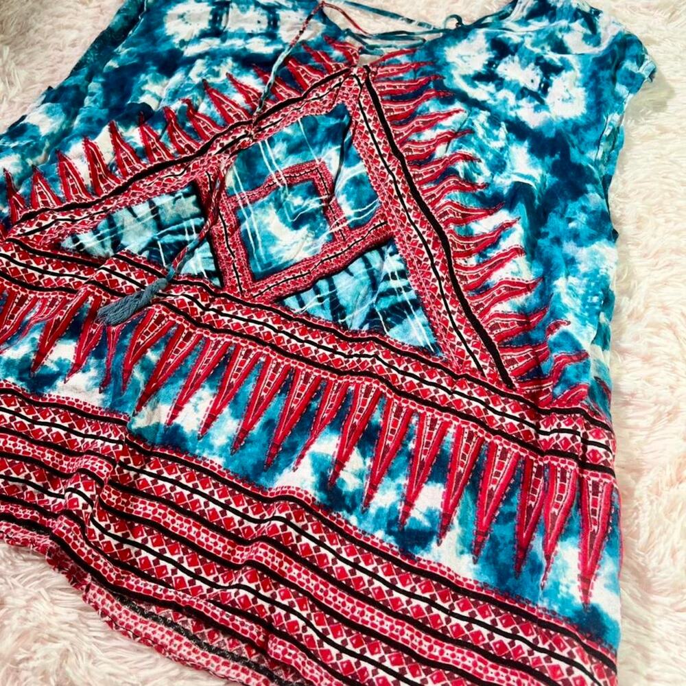 Vintage American‎ Blues Tie Dye Boho Hippie Indie Patchouli Natural Tie Back Top - Picture 2 of 5